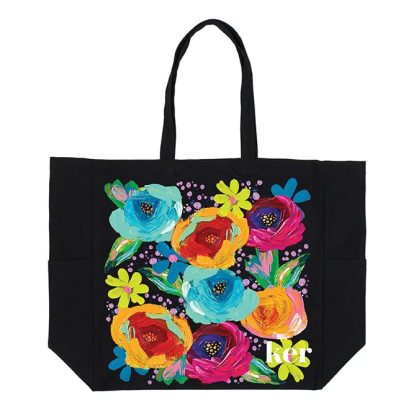 EttaVee Finger Painted Florals Canvas Pocket Tote Bag